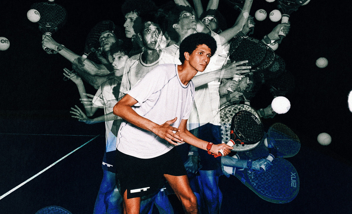 Multiple exposure of a padel player mid-swing, racket and ball repeated around them