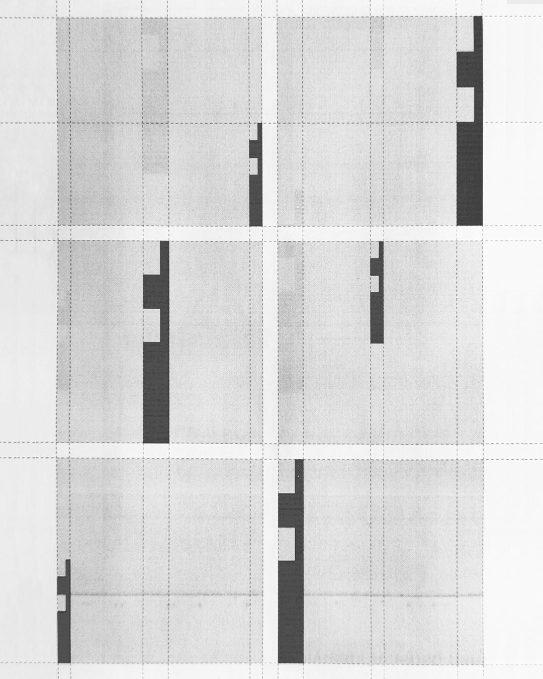 Six-panel grid diagram from the TIOTIO brand guideline showing how solid blocks sit in the layout system