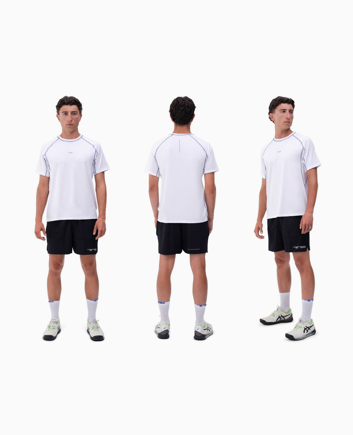 Pedro wearing the white TIOTIO Performance Tee, seen from the front, back and side